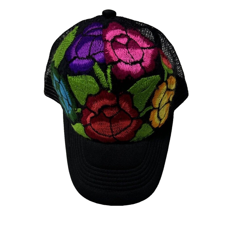 Mexican Otomi Embroidered Floral Baseball Cap Women’s Black Mesh Snap Back